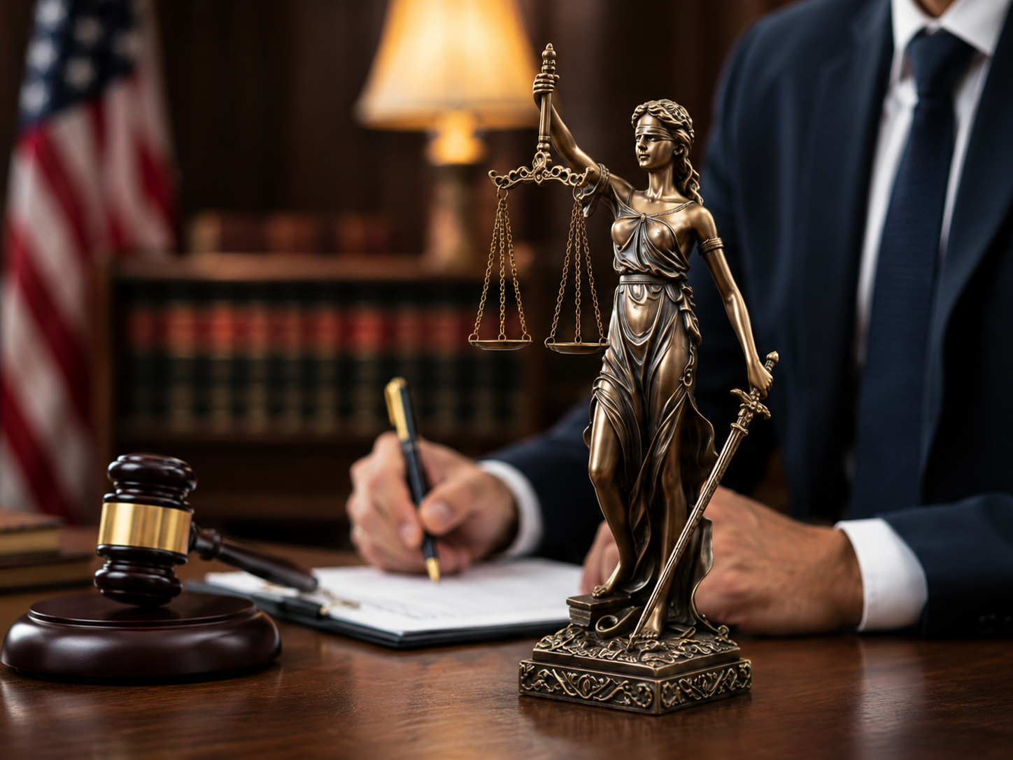 Lady Justice statue, gavel, and criminal-defense attorney